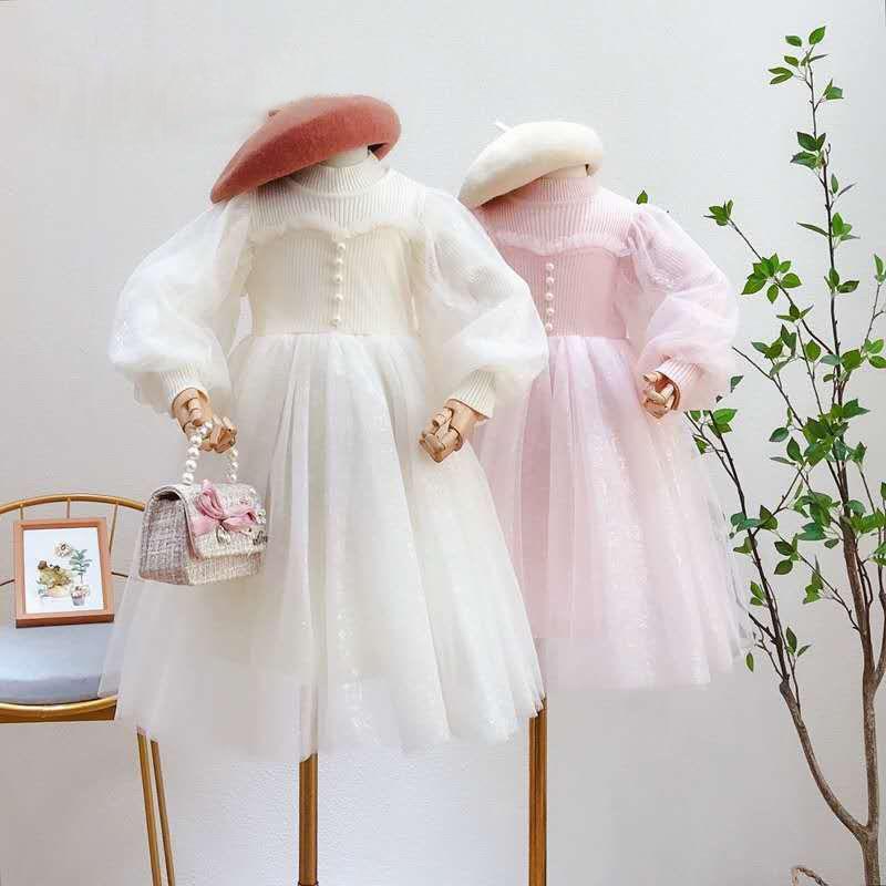 ワンピース 女の子 子供服 長袖 ニット チュールスカート プリンセスドレス Aライン 無地 ミディアム丈 春秋 ベージュ ピンク かわいい ガーリー