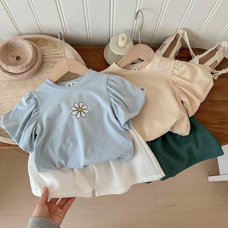女児 キッズ 女の子 夏季 夏 子供服 2点セット 短袖 Tシャツ トップス 灯籠袖 半袖 シャツ 綿 コットン 柔らかい素材 薄手 軽量 花柄 花 プリント 花柄 キャラクターデザイン 笑顔 犬 柄 セット 短パン ショートパンツ ハーフパンツ ピンク