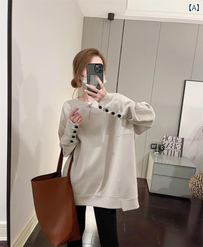 スウェット レディース 春秋 デザイン 長袖 Tシャツ ゆったり 大きめサイズ ミディアム丈 トップス カジュアル 韓国風 日韓スタイル 無地 切り替え ポリエステル カキ ブラック ホワイト ブラウン