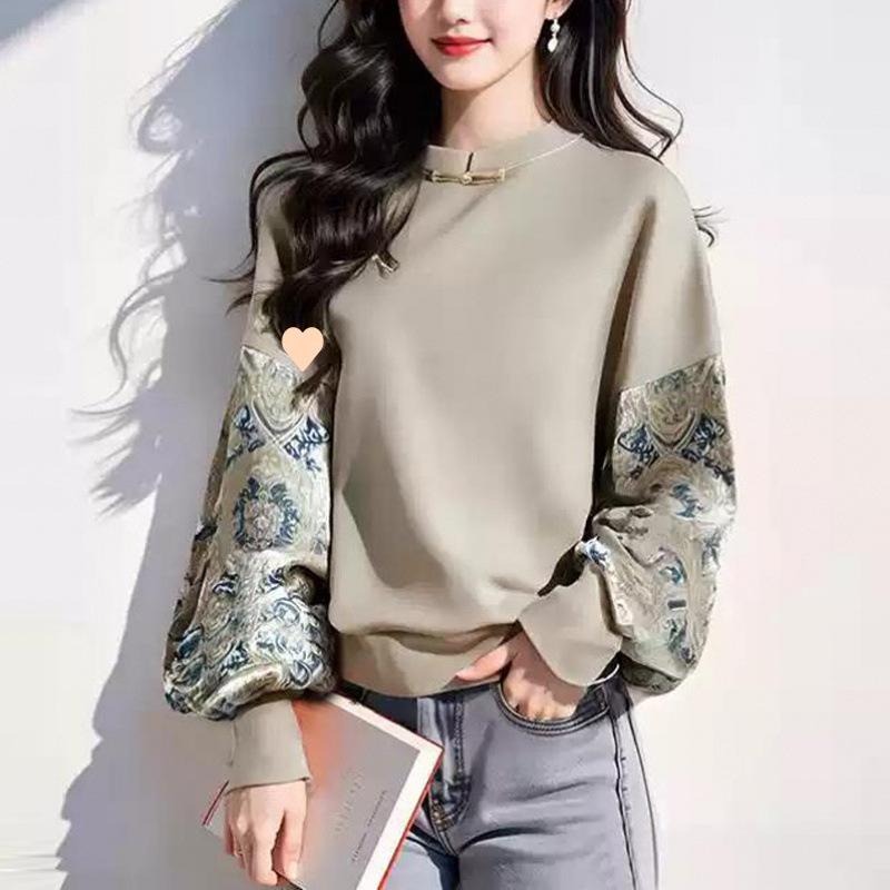 カットソー レディース Vネック プルオーバー 杏色 ブルー系 花柄 プリント 飛飛袖 アクリル混紡 中華風 デザイン トップス 普段使い