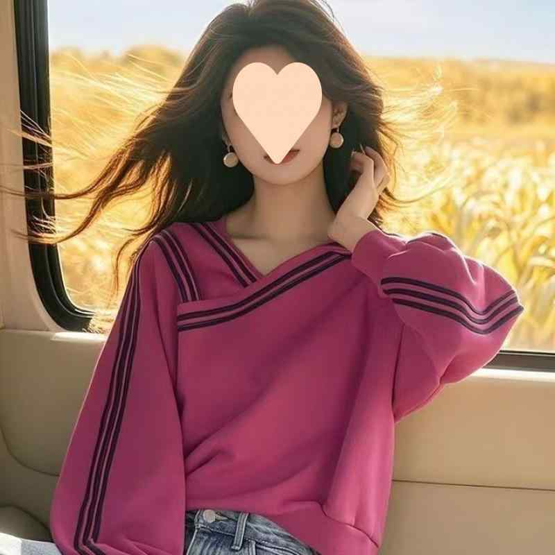 スウェット レディース 春物 長袖 トップス 配色 ストライプ デザイン かわいい 普段使い 通勤用 M L XL 2XL ラズベリー色