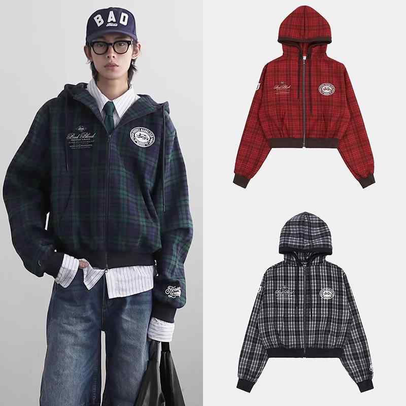 パーカー レディース 春秋 フード付き スウェット カーディガン 赤 ブラウン 格子柄 綿 刺・墸 カジュアル 普段使い 通勤|イーマイショップ