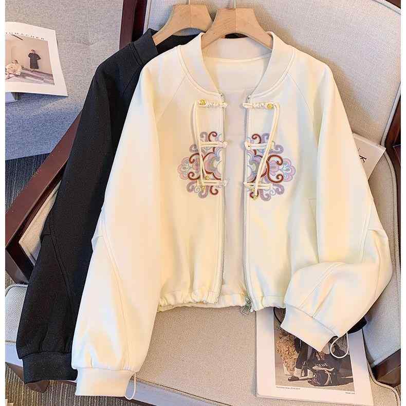 ジャケット レディース 新中式 チャイナボタン ショート丈 ブルゾン 春秋 トップス ゆったり リブ 刺・墸 エレガント 立ち襟 コットン 杏色