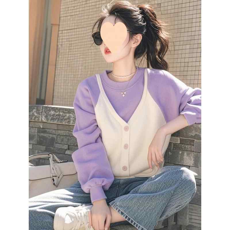 パーカー レディース 春物 長袖 トップス 切り替え ラウンドネック 大きいサイズ ゆったり かわいい おしゃれ カジュアル 普段使い 通勤
