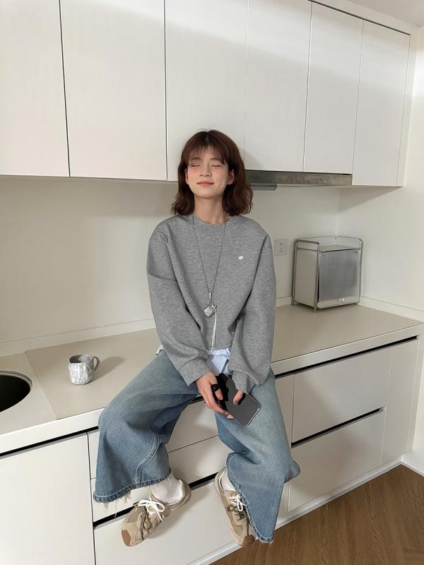 調教師 レディース 春 トップス うつり変わり フラウンス 裾 韓国風 ゆったり 愛くるしげ 薄墨色 長袖 綿 混紡 落っこちる肩部 心地よい