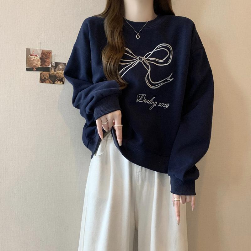 パーカー レディース 春物 刺・墸 蝶結び 丸首 トレーナー ゆったり 着痩せ かわいい 白灰色 紺色 M L XL 2XL 普段使い 快適 气? 通勤