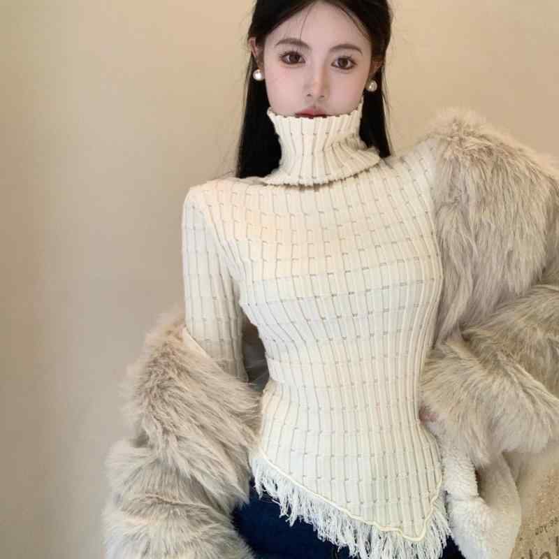 ニット レディース 秋冬 高めネック 長袖 トップス 韓国風 カジュアル きれいめ 通勤 普段使い セーター プルオーバー 白 黒