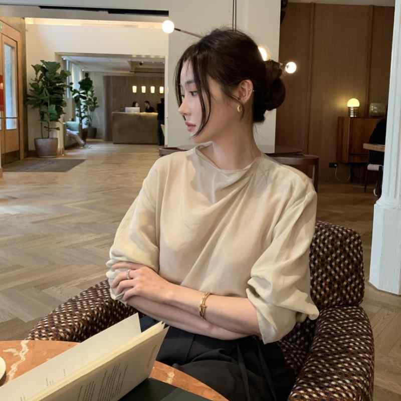 シャツ レディース 气? 通勤風 きれいめ トップス 長袖 ハーフハイネック 無地 ボタン付き 春夏 ベージュ グレー ワンサイズ