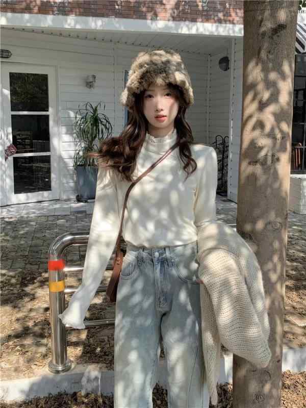 Tシャツ レディース 秋冬 レース ベルベット 長袖 スリム 韓国 ファッション トップス アンダーウェア 杏色 ブラック 伸縮性