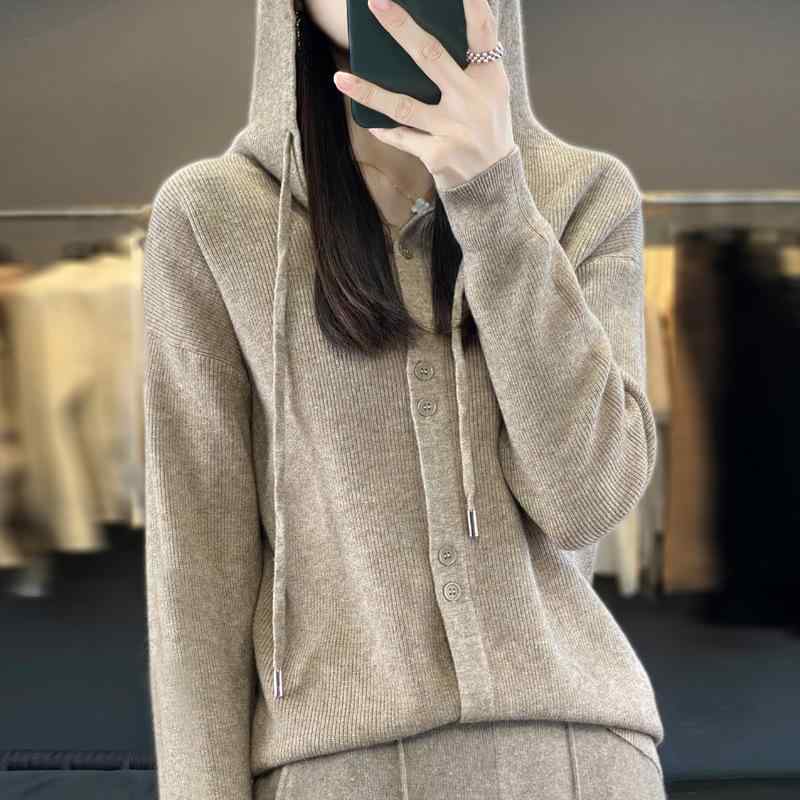 ニット カーディガン レディース 長袖 フード付き 無地 トップス カットソー 韓国風 アウター 通勤 ゆったり 羽織り ベージュ キャメル オフホワイト ピンク系 グリーン オレンジ エメラルド パープル レッド ブルー グレー ブラック