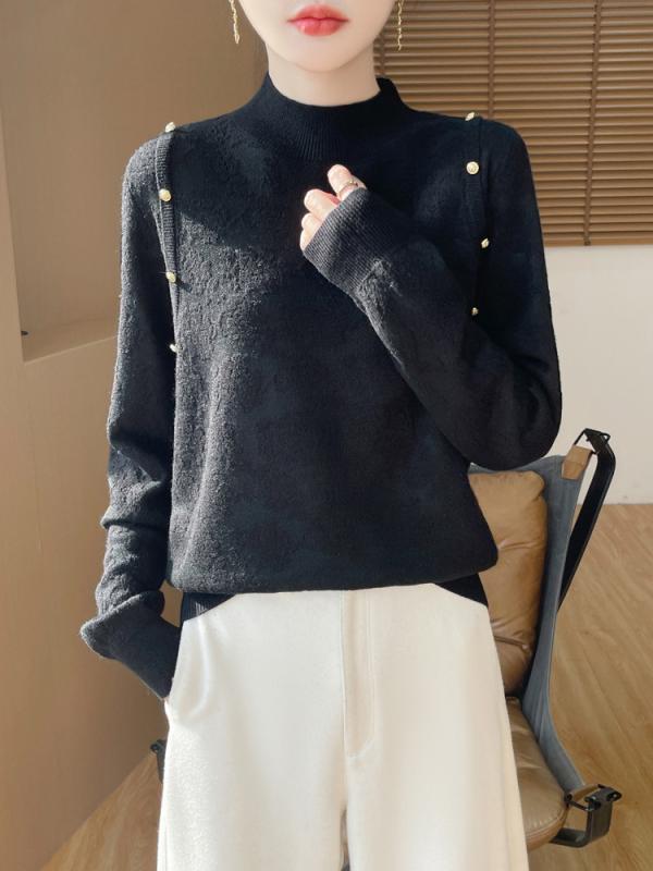 ニット レディース トップス 長袖 半ハイネック プルオーバー セーター 提花柄 ジャガード ゆったり 普段使い 韓国風 きれいめ 上品 オフィスカジュアル 白 黒