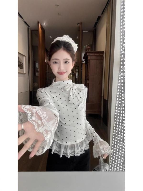 Tシャツ レディース 春 韓国風 かわいい 白 波点 レース 花柄 半袖 長袖 接触冷感 ポリエステル トップス インナー 普段使い