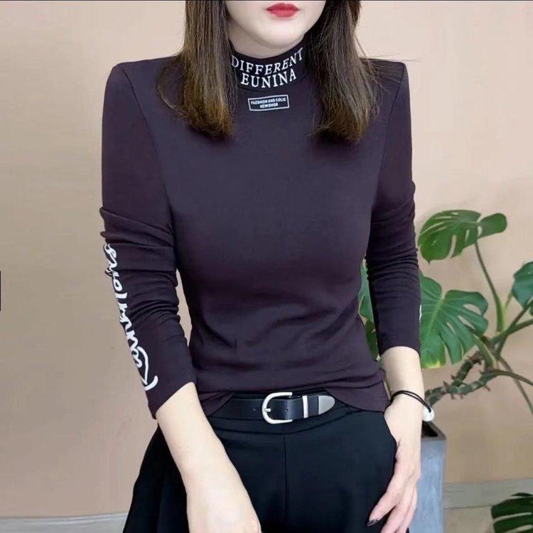 Tシャツ レディース 秋冬 長袖 無地 ハーフネック トップス 韓国風 ゆったり 普段使い 通勤 きれいめ カジュアル 伸縮性 ポリエステル ブラック グレー ワインレッド パープル