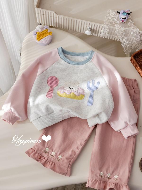 子供服 女の子用 トレーナー かわいい アップリケ 刺繍 プルオーバー トップス 春秋服 ベビー服 配色 切り替え 綿 長袖 普段着 おしゃれ着 ガールズ ピンク系 ホワイト