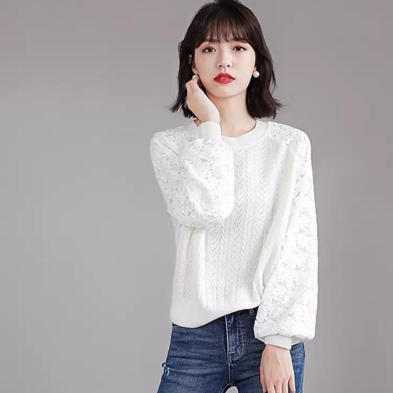ニット レディース レース 花柄 長袖 ケーブル編み ゆったり トップス 韓国風 黒 ブラック アイボリー 通勤 通学 デート 普段使い かわいい