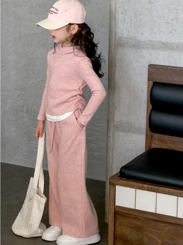 キッズ ガールズ スウェット セットアップ 子供服 女の子 春秋 2点セット パーカー ワイドレッグパンツ スポーツ 普段使い 部屋着 ピンク系