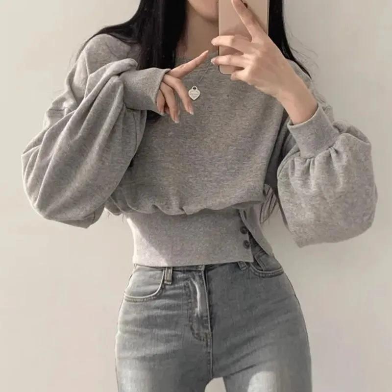 Tシャツ レディース 韓国風 ラウンドネック 長袖 ショート丈 プルオーバー ポリエステル 普段使い 部屋着 カジュアル 浅灰色