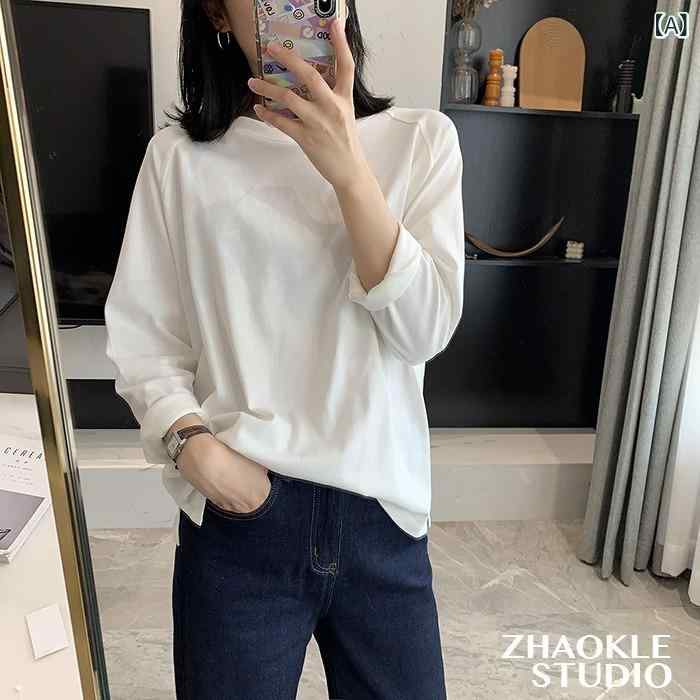 Tシャツ レディース ラウンドネック 長袖 カットソー ゆったり コットン トップス 韓国風 カジュアル 普段使い 白 黒 春秋