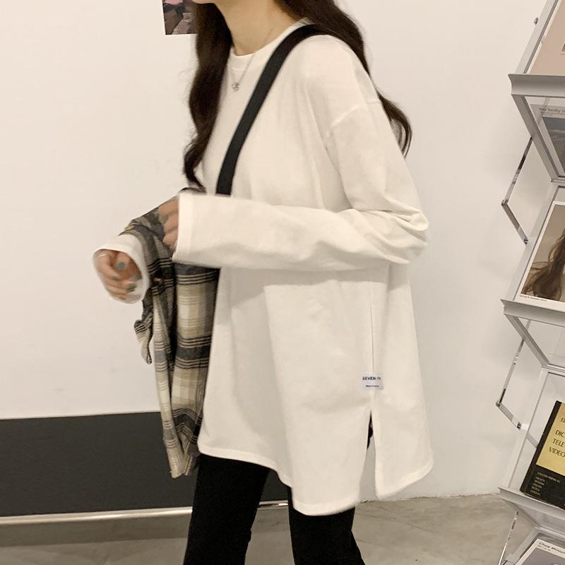Tシャツ レディース 長袖 コットン 韓国風 トップス カットソー 薄手 プリント 切り替え ラウンドネック 春秋 きれいめ かわいい カジュアル