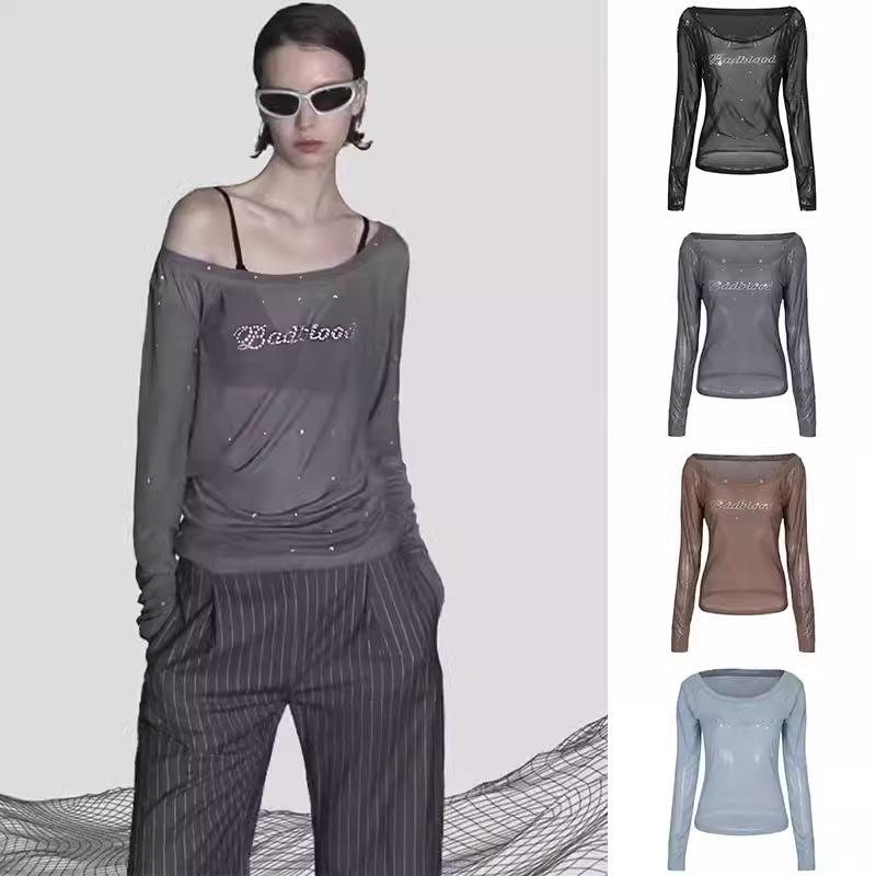 Tシャツ レディース 韓国風 女性用 字母 ナンバー プリント 大円襟 長袖 スリム 接触冷感 トップス