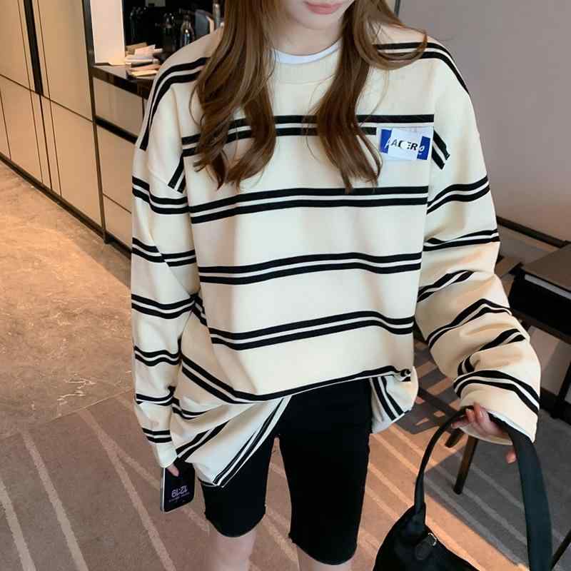 汗水 レディース 春物 トップス 心地よい ゆったり カットソー 色彩設計 縞模様 長袖 オーガニックコットン 黒 米白