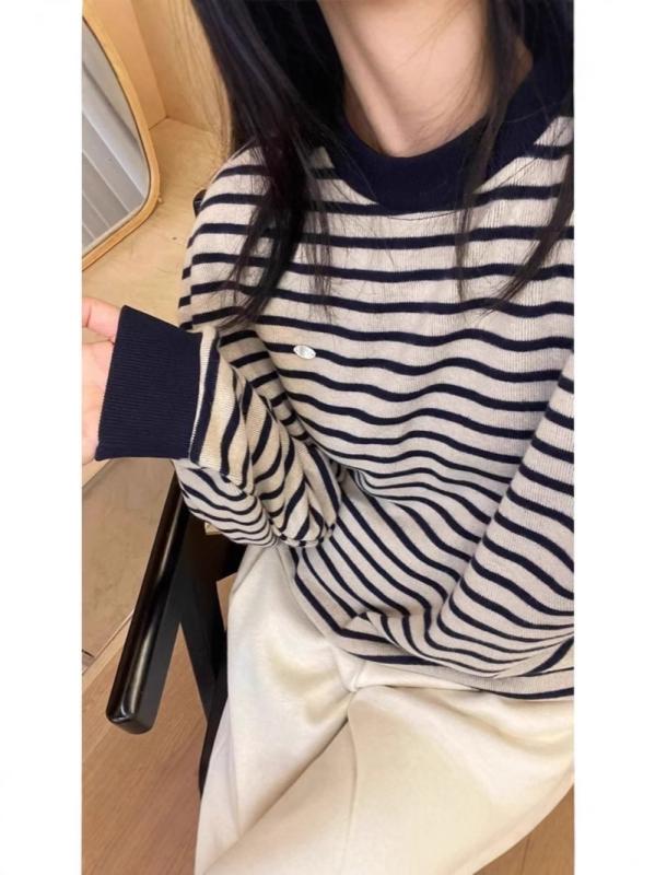 トレーナー レディース 韓国風 ストライプ 長袖 プルオーバー ゆったり 部屋着 普段使い 春秋 薄手 ポリエステル