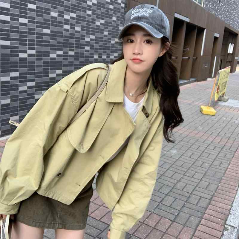 コート レディース 春秋 ショート丈 ダブルボタン カジュアル 普段使い 通勤 長袖 形状記憶 ポリエステル グリーン 緑 8,100円