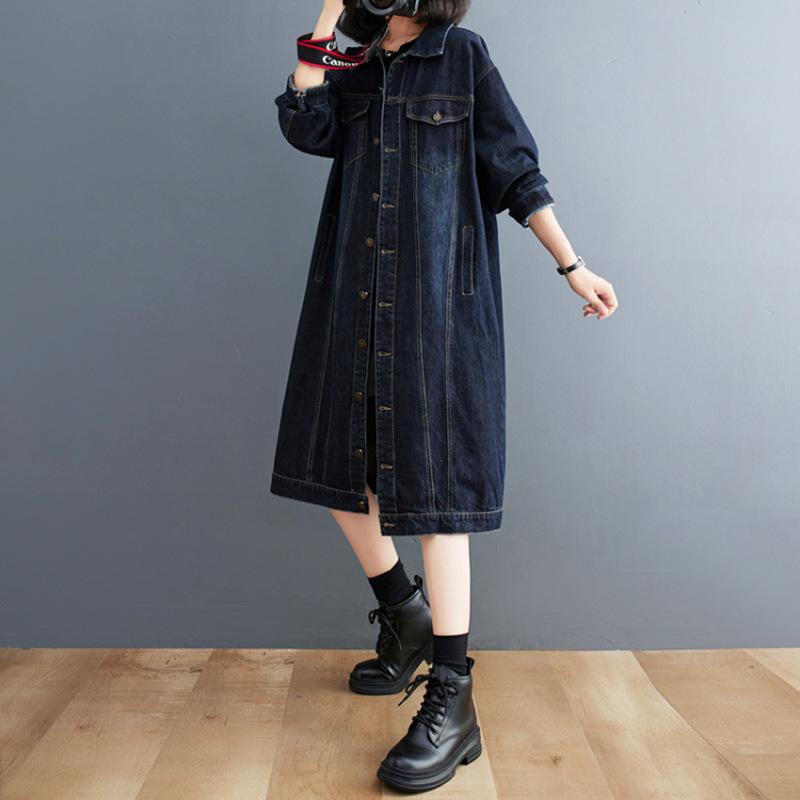 シャツ レディース 大きいサイズ ゆったり デニム ロングコート 春秋物 長袖 POLO襟 アウター 韓国風 カジュアル 深青色 デニム