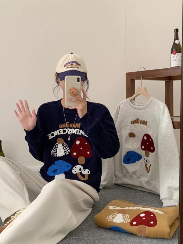 スウェット レディース 韓国風 キノコ 刺繍 ラウンドネック 長袖 プルオーバー 秋冬 新作 裏起毛 厚手 暖かい トップス 紺色 ネイビー M L XL 日韓 カジュアル かわいい