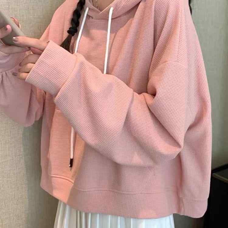 パーカー レディース 春秋 薄手 ワッフル 韓国風 フード付き 小柄 華奢見え ゆったり デザイン トップス カットソー 無地 ピンク系 ブラック グレー