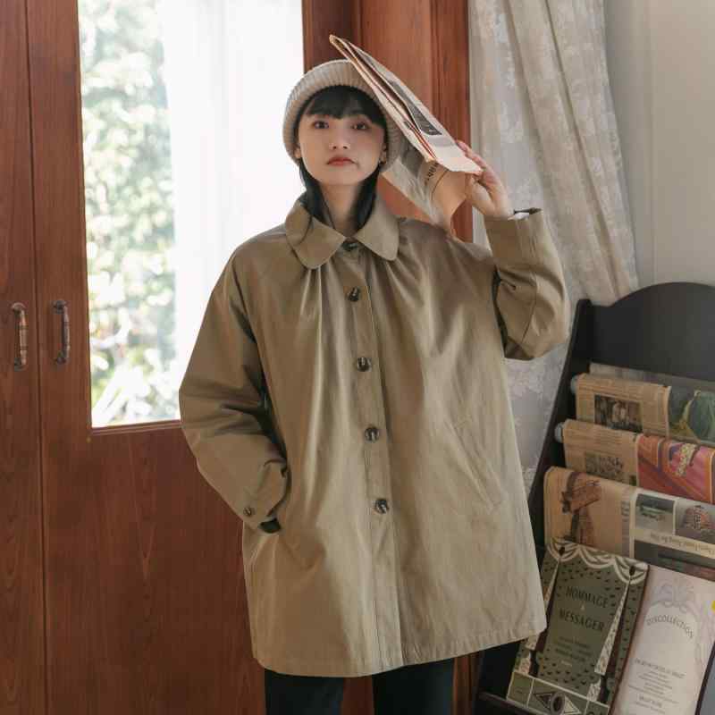 風衣 レディース 春秋 アウター カジュアル 普段使い ゆったり 体型カバー 婦人服 ミドル丈 コート カーキ グレー