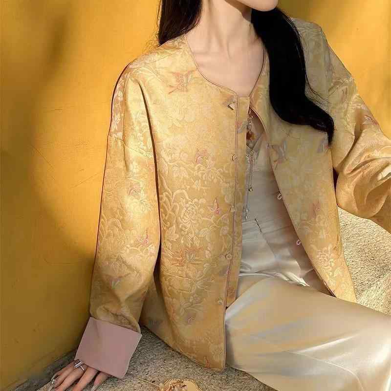 ジャケット レディース 新中国スタイル バタフライ フラワープリント ジャカード 配色 国風 トップス アウター 文芸風 レトロ 長袖 黄色