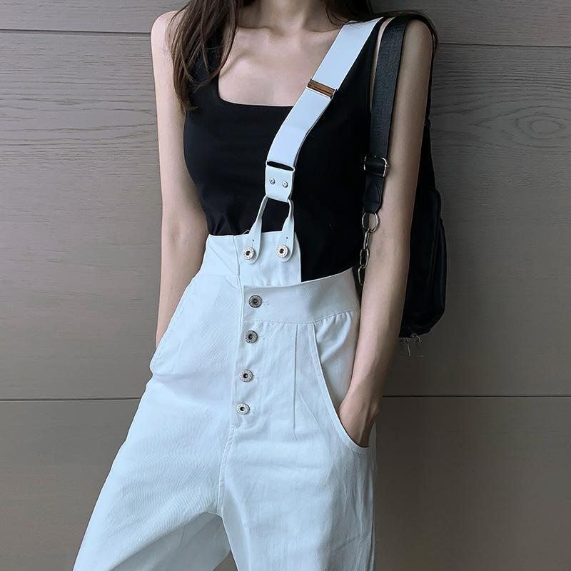 ジーンズ レディース 大きいサイズ デニム サロペット 韓国風 ワイドレッグパンツ 黒 白 春夏 薄手 ハイウエスト