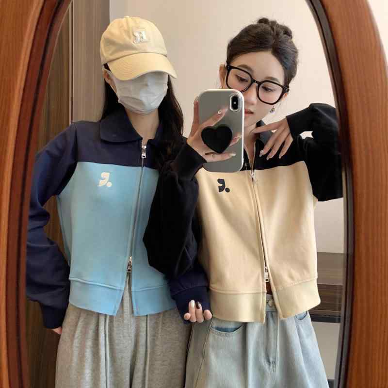 汗水 レディース 韓国風 色彩設計 ジップアップ ジレー トップス カットソー 長袖 綿 幾何学学飾りつけ 刺しゅう 青色系 象牙色 日常着 普段使い