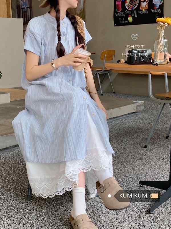 シャツ レディース 半袖 シャツワンピース スカート セットアップ 2点セット 幾何学模様 ゆったり Aライン 高襟 カジュアル 春夏 韓国風 普段使い