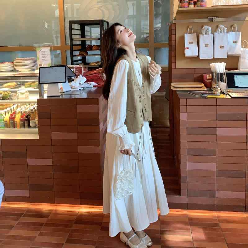 ワンピース レディース 春秋物 ラウンドネック 長袖 Aライン ミディ丈 ベスト付き 2点セット 無地 ゆったり 文芸風 レトロ