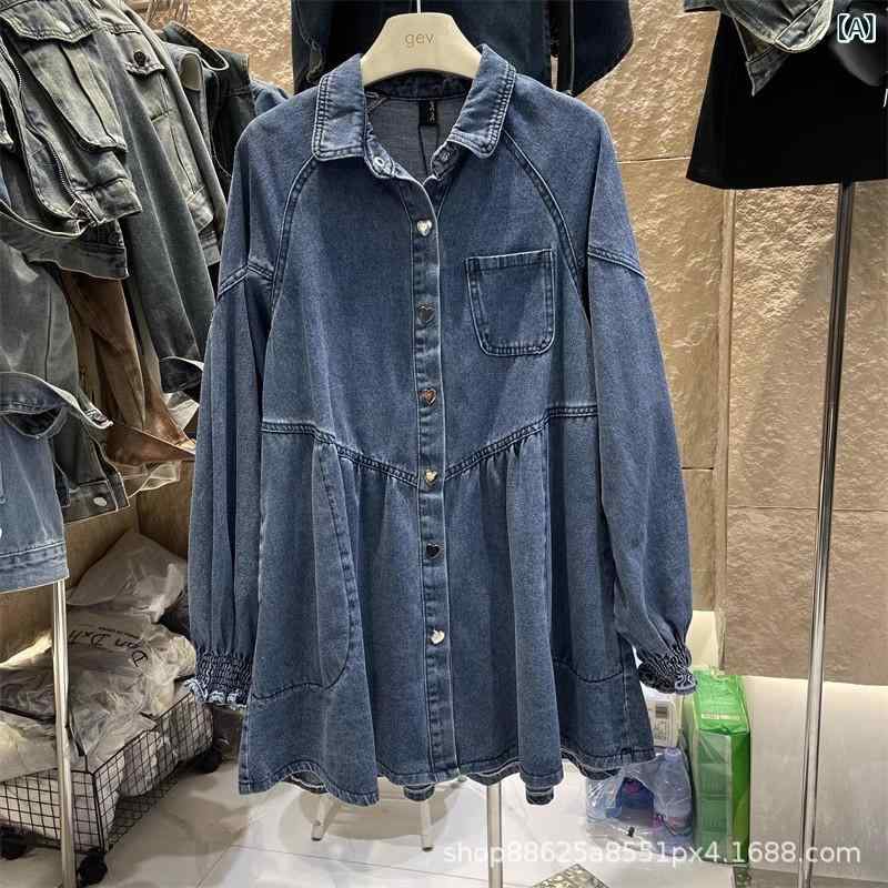 ワンピース レディース 春秋 デニム シャツワンピース 膝丈 チュニック 長袖 ゆったり Aライン ポロ襟 かわいい カジュアル 普段使い 韓国ファッション 綿 ディープブルー ライトブルー