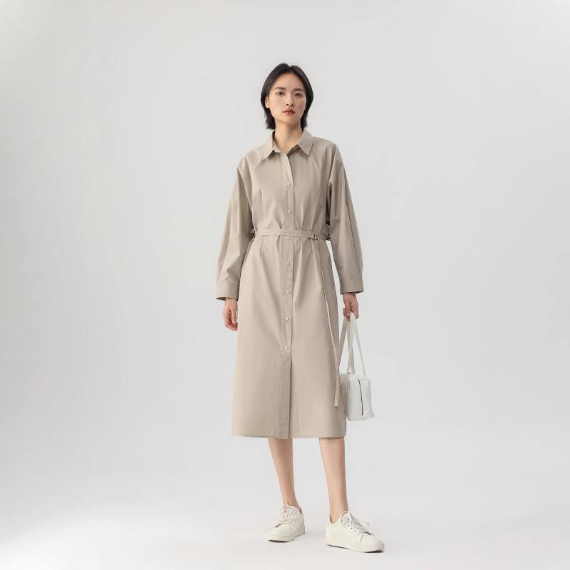 ワンピース レディース 長袖 春秋 シャツワンピース ロング丈 POLO襟 Aライン ポリエステル 綿 气? 通勤 普段使い 黒 ブラック 茶色 ブラウン