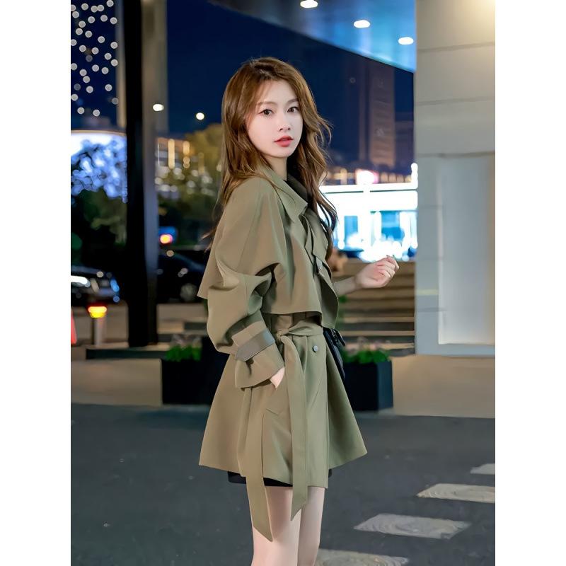コート レディース スプリングコート ミドル丈 韓国風 ファッション おしゃれ きれいめ ポリエステル 普段使い 通勤 オフィス シンプル 無地 長袖 軍緑 ベージュ ブラック