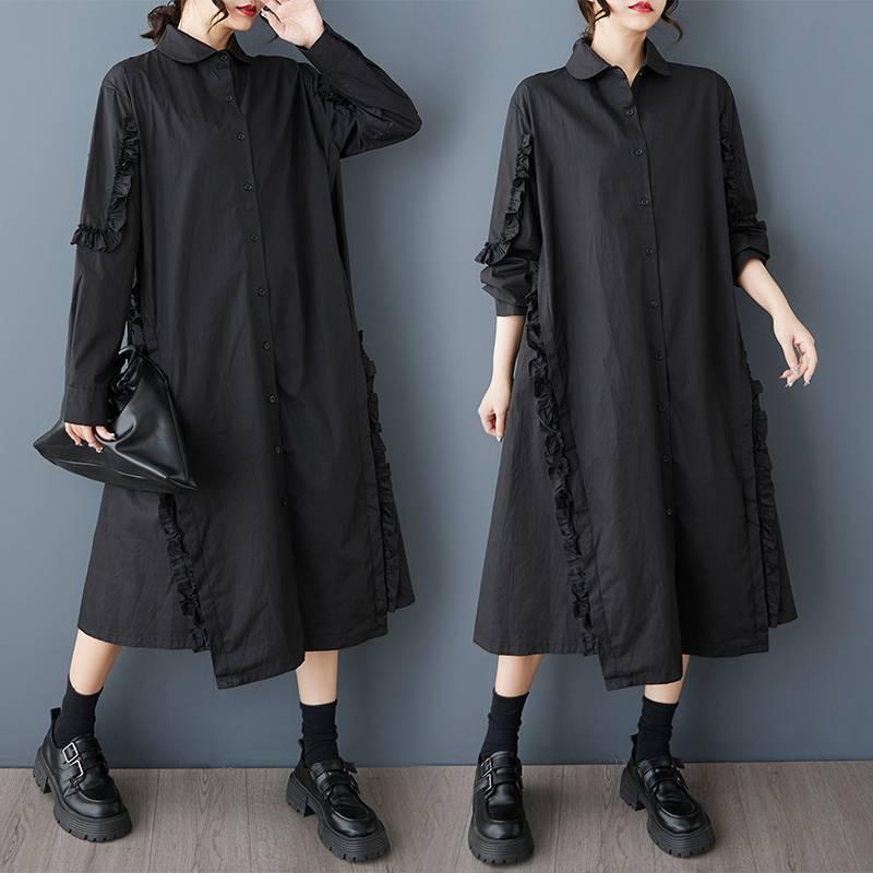 衣装 レディース 春物 プルオーバー衣装 A生産ライン 膝丈 ミモレ丈 綿織物リネン ゆったり大きさ 体型押しかぶせる 着痩せ 長袖 一本調子 非対称(x3)