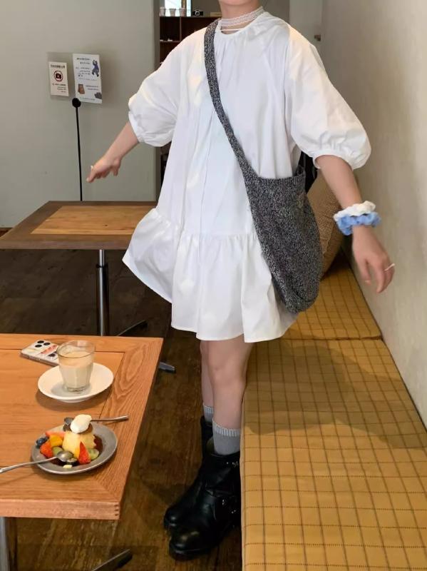 ワンピース レディース Aライン 半袖 丸首 膝丈 ギャザー ゆったり 韓国風 フェミニン 上品 きれいめ かわいい 普段使い 通勤 ポリエステル ホワイト