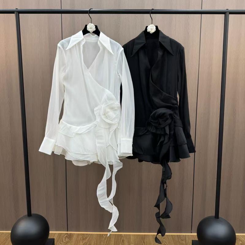 ワンピース レディース 春夏 長袖 ギャザー Aライン 膝丈 チュニック シャツワンピース コットン 襟付き ウエストリボン 黒 白