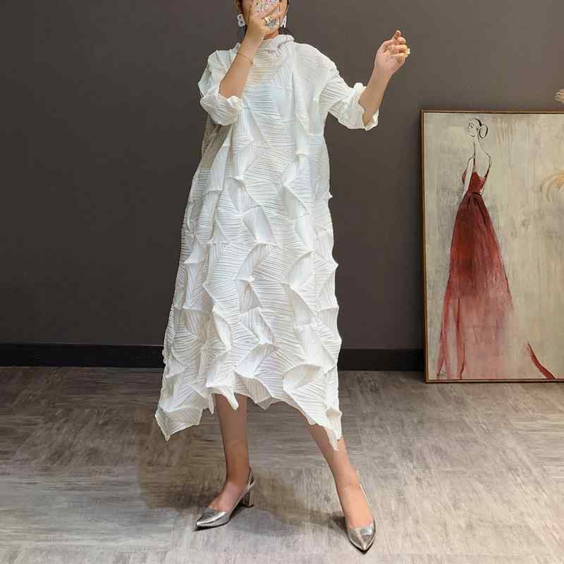 ワンピース レディース 春夏 膝下丈 立襟 7分袖 高見え 不規則 プリーツスカート パープル ブラック ブルーグリーン ワインレッド きれいめ 通勤|イーマイショップ