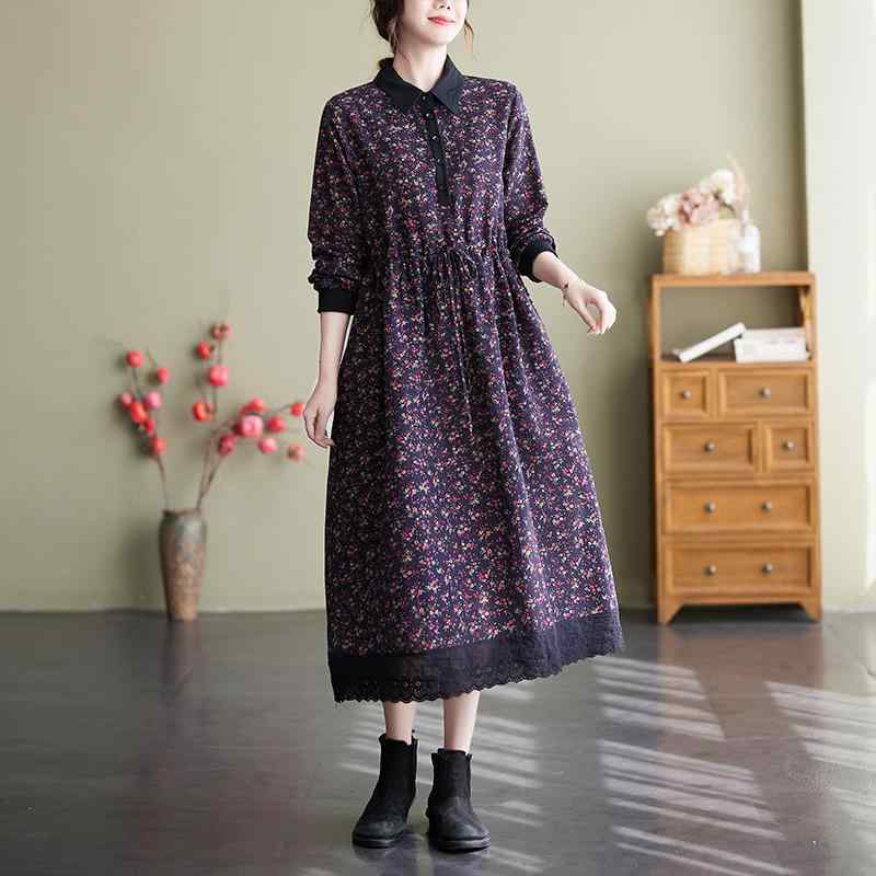 ワンピース レディース 春秋 綿麻 花柄 Aライン 長袖 ロング丈 襯衫裙 襟付き 文芸風 レトロ ポケット ゆったり ブラック花 レッド花 ブラウン花 ネイビー花