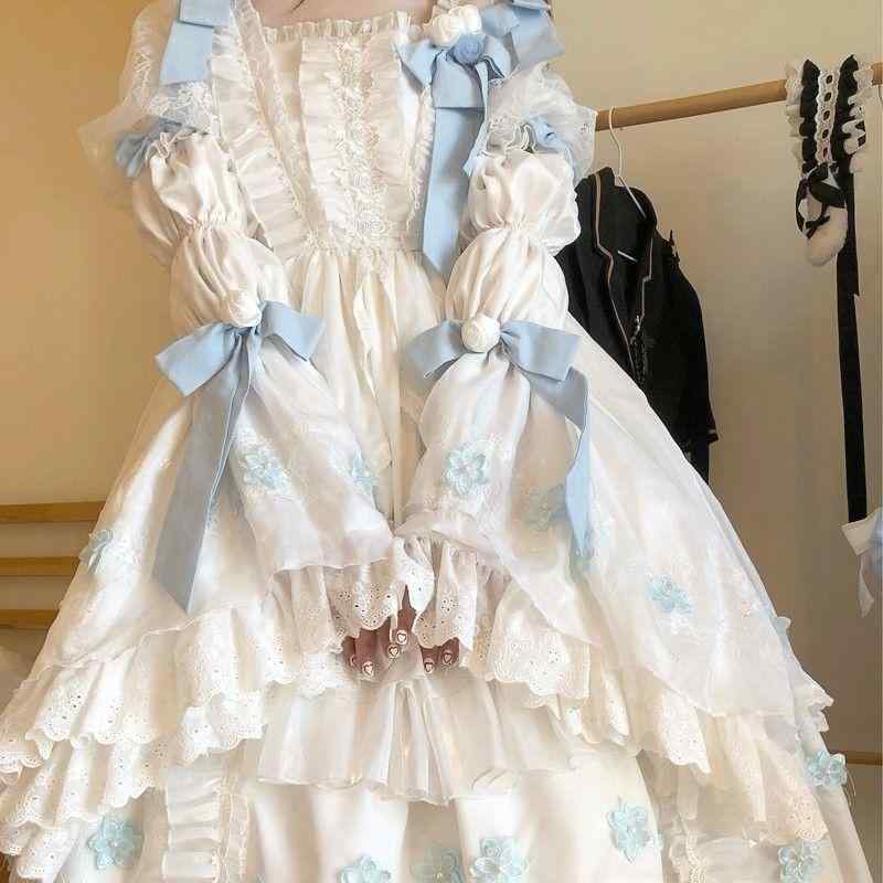ワンピース レディース ロリータ ゴスロリ 長袖 姫袖 中国風 チャイナ風 レトロ クラシカル かわいい 清楚 お嬢様 膝丈 ひざ下 Aライン フレア リボン フリル レース ホワイト 白 春秋冬|イーマイショップ