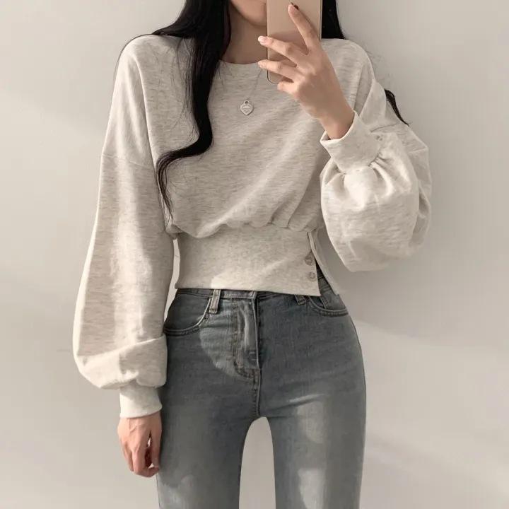 スウェット レディース 秋冬 韓国風 おしゃれ かわいい プルオーバー トップス 長袖 ショート丈 トレーナー 深灰色 浅灰色 ゆったり カジュアル