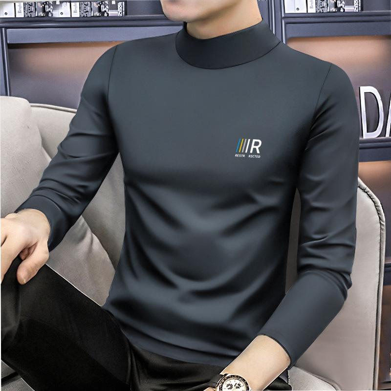 Tシャツ メンズ 男性用 長袖 ハーフハイネック 薄手 トップス 修身 ビジネス フォーマル モダール 幾何学柄 黒 白 紺 ワインレッド ダークグレー
