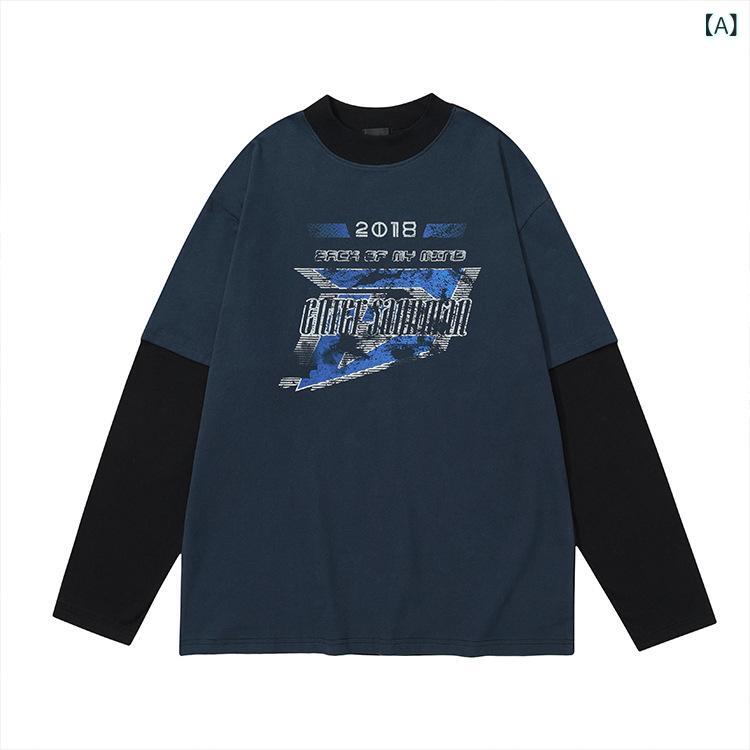 Tシャツ メンズ 長袖 コットン ルーズフィット クルーネック ストリート カジュアル 普段使い プリント ブラック