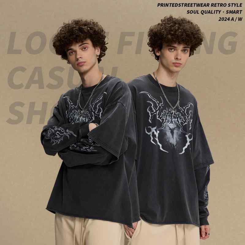 Tシャツ メンズ ストリート ヴィンテージ風 長袖 ロールアップ プリント コットン ゆったり 黒 M L XL XXL 春秋