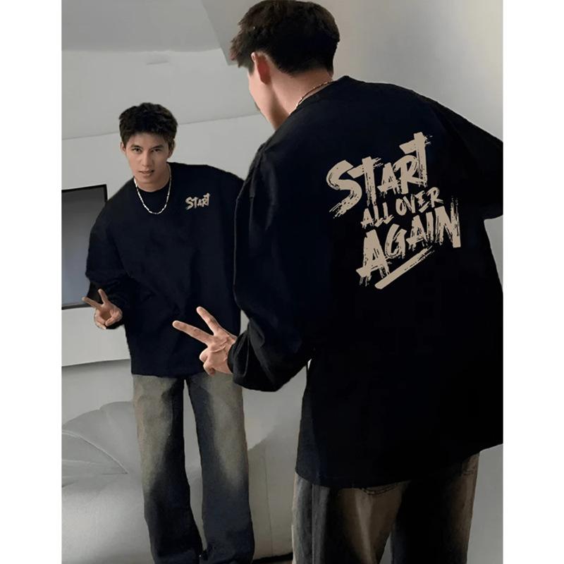 Tシャツ 男性用 ビッグシルエット 長袖 トップス 綿100% 春物 黒 ブラック 白 ホワイト ゆったり 普段使い